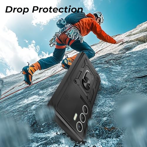 Image of A rtistque Armor Bumper Back Case Cover for Realme P3x 5G / 14x 5G / Narzo 80x 5G / 80 Lite 5G | Stylish Ring Holder & Inbuilt Stand | Sliding Camera Cover | Shockproof TPU Protective Design - Black