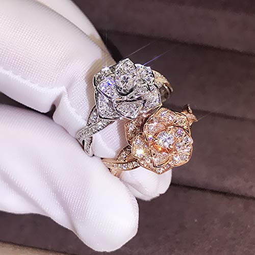 18K Rose Gold Plated Rose Flower Ring Group Inlaid Zircon Ladies Wedding Ring (White Gold)