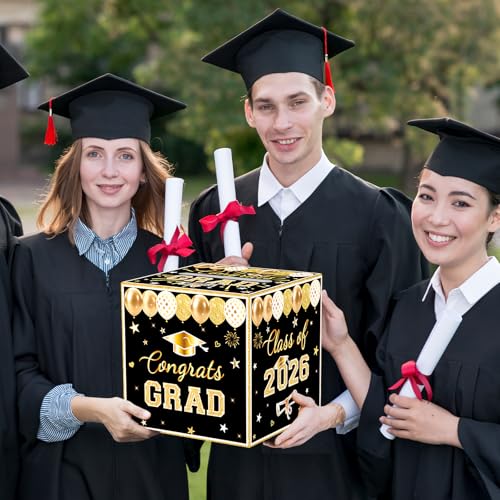 Image of Black Graduation Congrats Card Box, Class of 2026 Black Gold Graduation Party Decorations Money Card Boxes Holder, Graduation Gift Card Box for Grad Parties Supplies 8.7 x 8.7 x 8.7 Inch