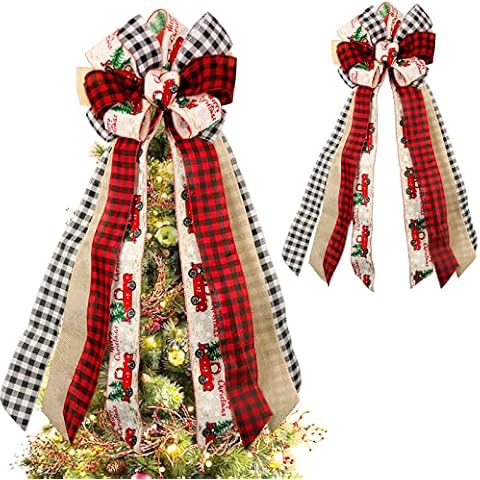 GUDELAK Christmas Tree Topper Bow with Streamers, Red Truck Buffalo Plaid Red Black Burlap Decorative Bows, Handmade Rustic Farmhouse Banister Bow Tree Topper for Xmas Tree Holiday Party Decorations Cover