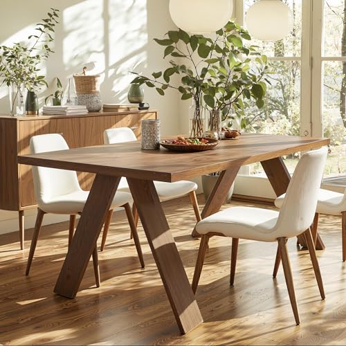 Image of Acanva Farmhouse Rectangular Dining Table for 6 People, Modern Mid-Century Walnut Kitchen Dinner Tables Furniture, Walnut