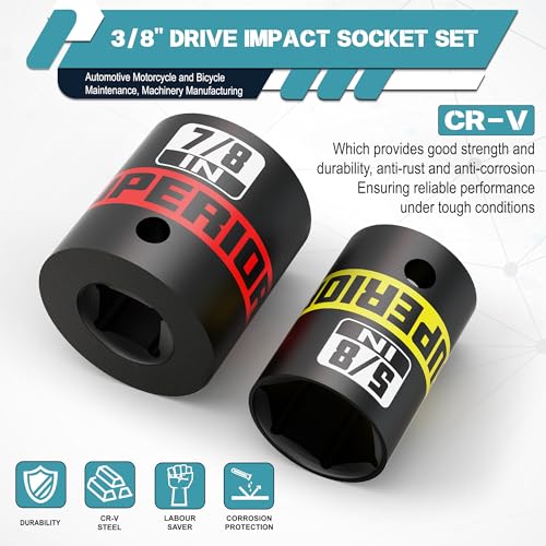 Image of 12 Piece 3 /8 inch Drive Impact Socket Set, 5 /16 inch - 1 inch Shallow Socket, SAE, 6 Point, CR-V, Automotive Motorcycle and Bicycle Maintenance, Machinery Manufacturing