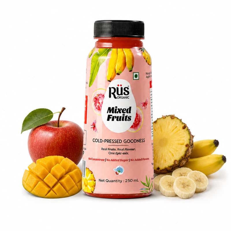 Image of Rus Organic Mixed Fruit Juice | Cold Pressed Organic Drinks | Pack of 8 (250ml Each) | No Added Sugar, Preservative-Free | Multi-Fruit Blend for Daily Vitality