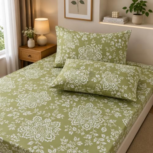 Image of 400TC Cotton Feel Glace Cotton Double Bed Fitted Bedsheet Set || Includes 1 Elastic Bedsheet King Size & 2 Pillow Covers (78 x 72 Inches, Aarchid Green)