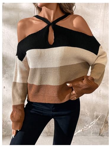 SOLY HUX Fall Sweaters for Women Color Block Cold Shoulder Long Sleeve Pullover Sweater Knit Tops3