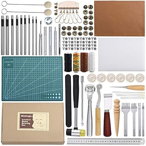 Leather Working Tools 44 pcs Leather Craft Tools Kit for Hand Sewing Stitching, Stamping Set and Saddle Making Cover