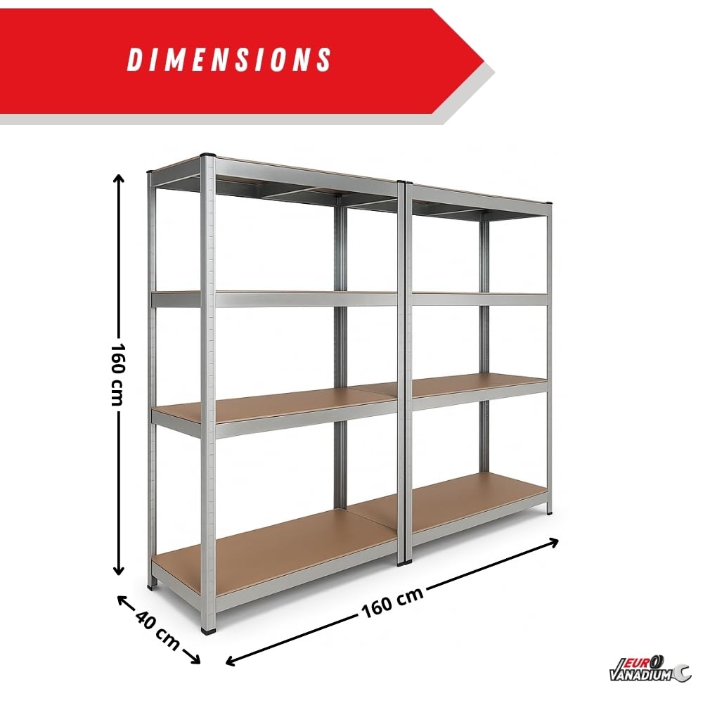Double Étagères de Rangement Charges Lourdes - 160 x 160 cm - 640 kg - Étagères de Garage modulables, 4 Niveaux, 8 Plateaux - 40 cm - Gris