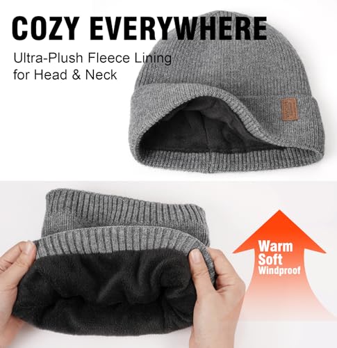 Wmcaps Wintermütze Schal Set für Herren Damen, mit Fleece Gefütterte Strickmütze und Halswärmer Weich Warm Thermische Accessoires für Kaltes Wetter Unisex Geschenk für Männer Frauen, Dunkelgrau