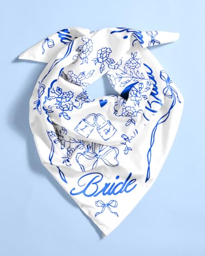 xo, Fetti Bride Head Scarf, 27x27 in | Bachelorette Bandana, Bridal Headwear, Bach Party Accessory, Bridesmaid Gift, White Wedding Handkerchief, Something Blue Silk Hat - Thumbnail 5