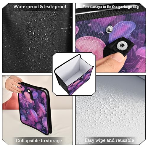 Image of Car Trash Can Organizer Bin with Adjustable Strap for Back Front Seat Console Waterproof Leakproof Collapsible Portable 8.66 Inch Jellyfishes and Bubbles Pink