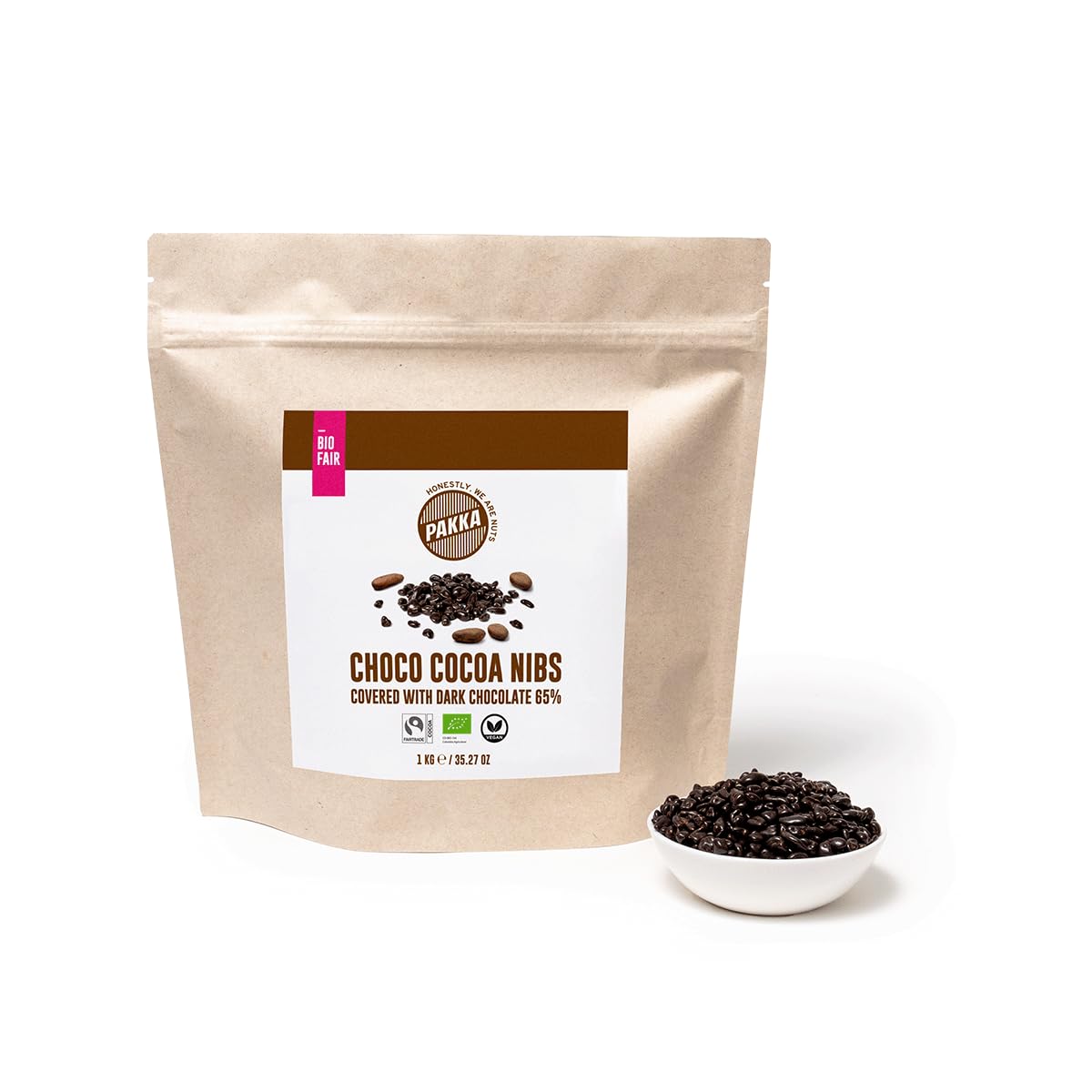 PAKKA Bio Fairtrade Chocolate noir grué de cacao, 1kg, chocolat écologique & équitable, Cacao Cocoa Nibs, fabriqué et mis en emballage directement par le producteur en Colombie, végétalien, 1000g