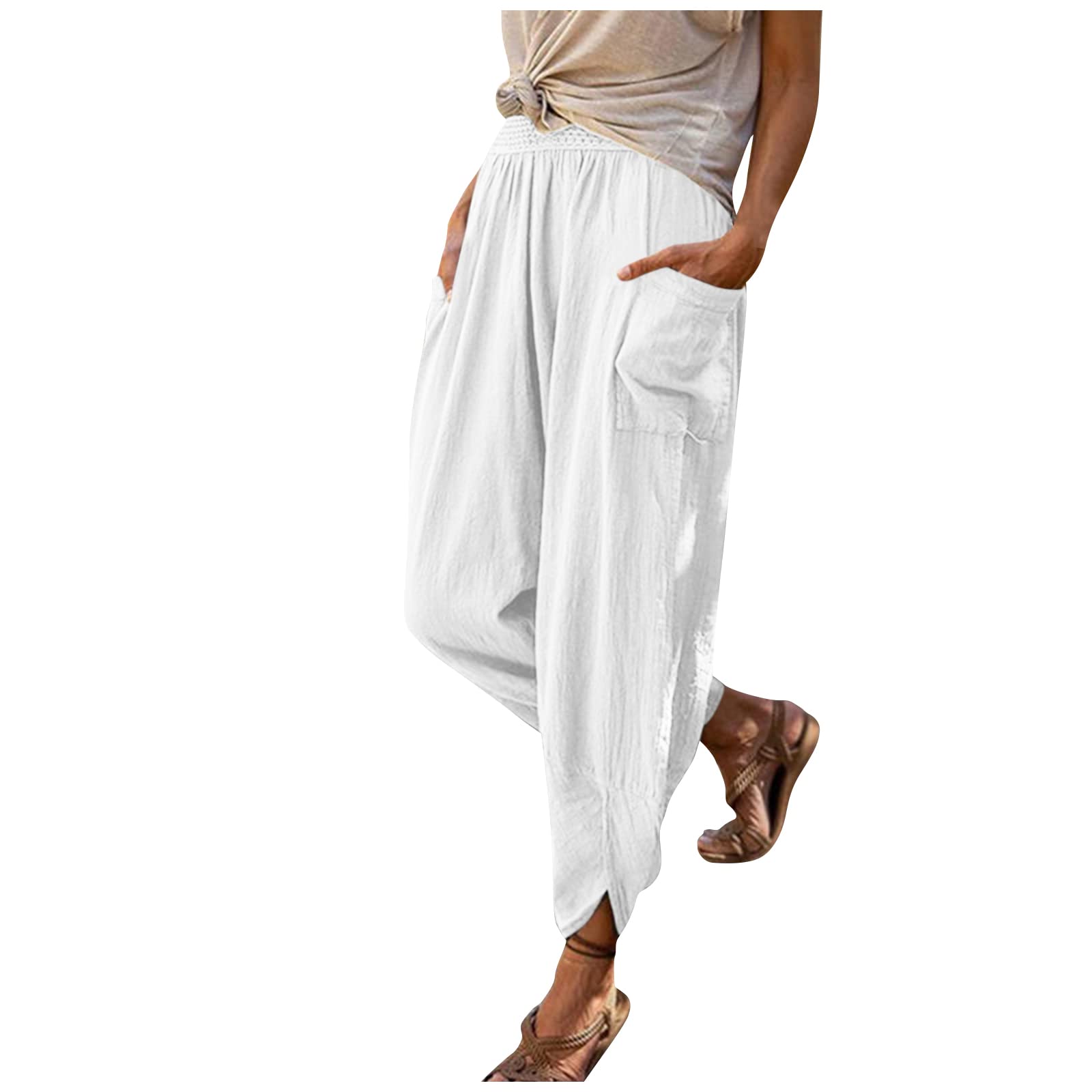 TBA Summer Pants for Women Casual Plain Elastic Waist Loose Cropped Pants Lounge Cotton Ramie Ankle Trousers