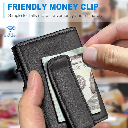 Image of VOGARD Slim RFID Blocking Wallet for Men | Pop-Up Card Holder with Money Clip & Coin Pocket | Magnetic Flip Leather Wallet | Holds 9 Cards, Cash & Keys | Black