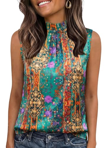 Image of Funlingo Women's Silk Satin Tank Tops Mock Neck Camisole Dressy Sleeveless Blouse Business Casual Pleated Summer Shirts 2026