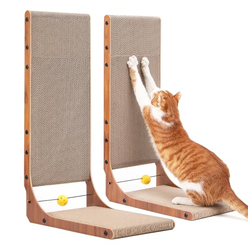 FUKUMARU Kratzbrett Katzen 2er Set, 68 cm hoch L-förmige Kratzpappe aus vertikalem Karton, widerstandsfähig Katzenkratzbrett mit Ballspielzeug,...