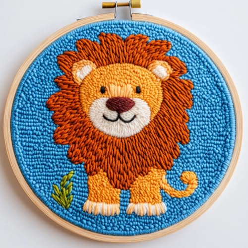 Image of DIY Punch Needle Kits Lion with Hoop 20x20cm-2 | with Pattern Stamped Easy for Beginners Embroidery Punch Needle Starter Craft Set for Adults Festival Gift and Decoration