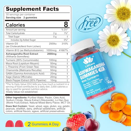 Ashwagandha Gummies 2000mg for Women Men - Sugar Free, Vegan - Organic Ashwagandha Root Extract Supplements Gummy & Vitamin D3, B12 and Turmeric, Promote Relaxation, Mixed Berry Flavor, 120 Count - Image 3