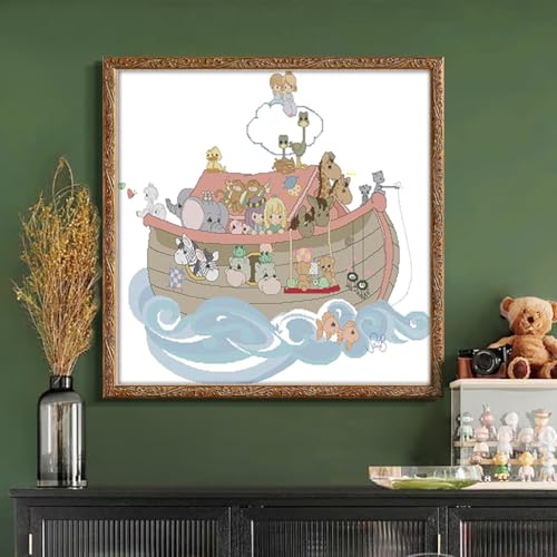 Image of JOYSEWING Cartoon Animal Boat Stamped Kits Cross Stitch for Adults 11CT Counted Patterns Easy DIY Gift Embroidery Kits for Beginner Animal Craft kit Home Decor (Noah's ark (Printed) 32.7x29.9 inch