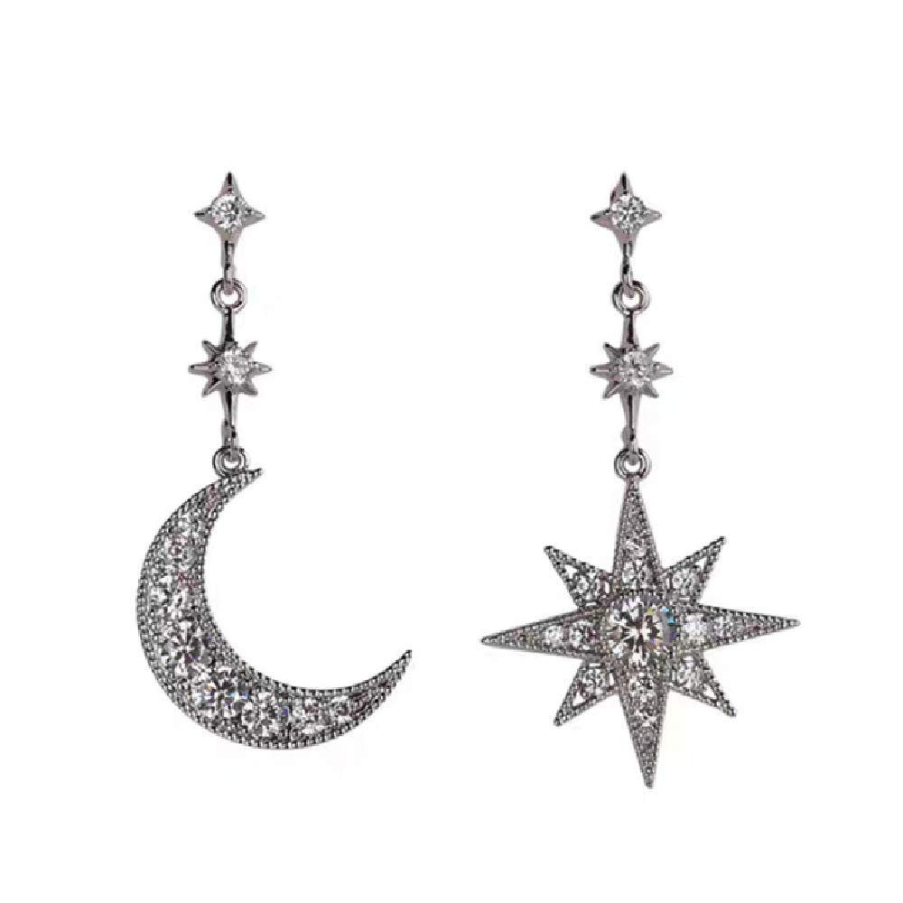 KaFu Gold Moon Star Asymmetrical Drop Earrings Sliver Sun Crystal Dangle Earrings with Rhinestone For Women Girls