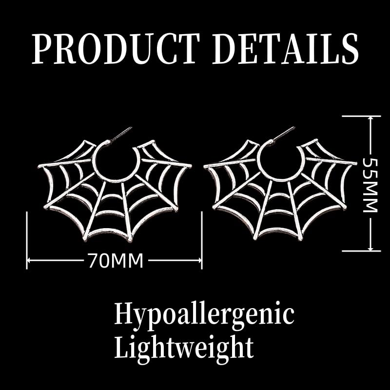 Gothic Spider Web Open Hoop Earrings for Women, Large Statement Design, Antique Silver Finish Lightweight Hoop Earrings3