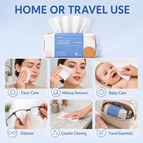 Image of PoeticEHome Soft Dry Wipe 6 Pack, 100% Cotton Face Tissues, Lint Free Facial Cleansing Towels Disposable, Extra Thick Dry and Wet Use for Sensitive Skin, Makeup Removing, Surface Cleaning (600 Count)