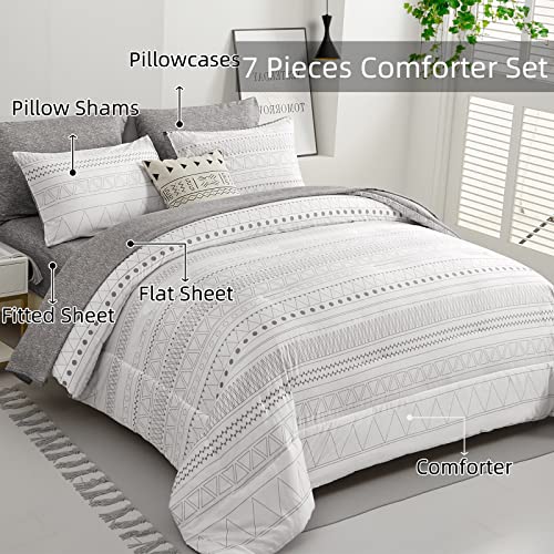 Wongs Bedding Boho Comforter Set Queen,7 Pieces White Grey Geometric Bed In A Bag Comforter Bohemian Soft Microfiber Bedding Set For All Season With Pillowcases & Shams,Flat Sheet,Fitted Sheet thumb #1
