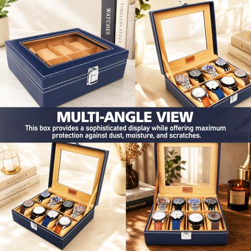 Image of LEDO Luxury Watch Box Organizer with 8 Slots, PU Leather Case, Blue and Cream Interior, Transparent Display, Metal Clasp Lock, Rectangular Storage for Men and Women