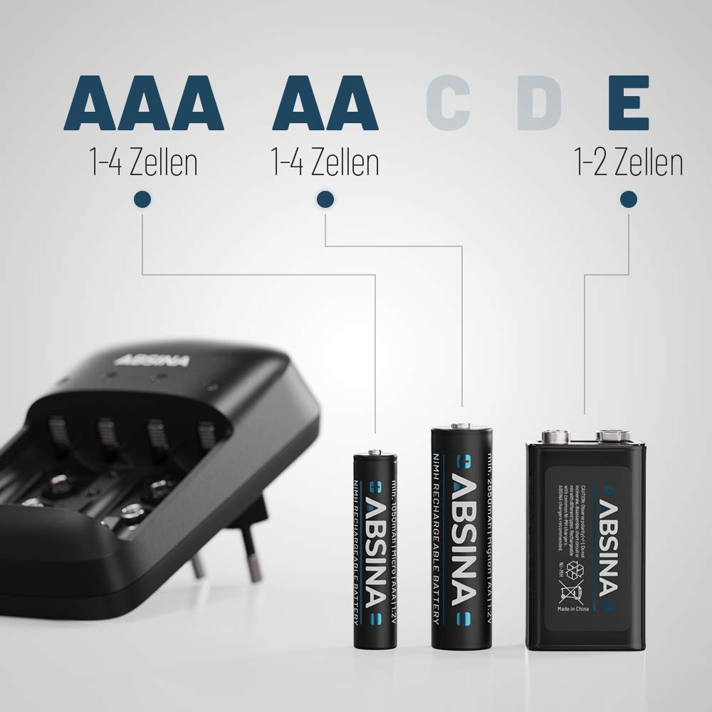 ABSINA Ładowarka do akumulatorów AA AAA i 9 V blok w zestawie 8 x baterie AAA 1150 – ładowarka NiMH 4-krotna do akumulatorów wielokrotnego ładowania - baterie do ładowania z ładowarką - zestaw