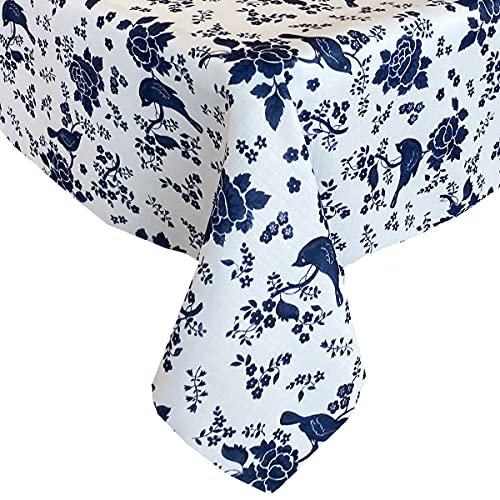 Lintex Summer Blue Bird Floral Toile Indoor/Outdoor Fabric Tablecloth - Garden Grove Toile Stain Resistant Tablecloth, 70” Round #TOP4