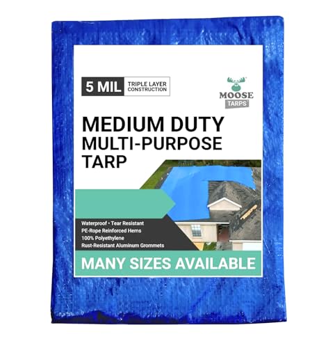 Moose Supply 40 x 40 Foot Water Resistant Tarp 5 mil Medium Duty Reversible Blue and Silver Multipurpose Indoor and Outdoor Tarp for Tents Wood Vehicles Boats Pools and Equipment