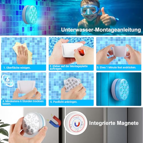 Vankarr Poolbeleuchtung Unterwasser Licht Pool Magnetisch LED Poollicht mit Fernbedienung IP68 LED Wasserdicht für Pool Teich Aquarium Beleuchtung, 4 Stück