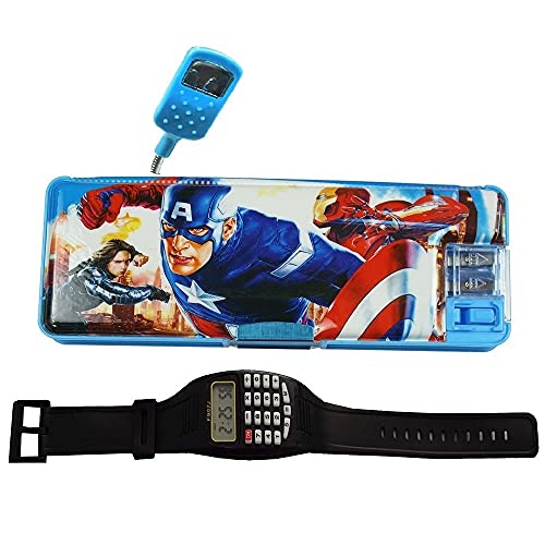 IZU Multipurpose Magnetic Pencil Box with Light, Dual Sharpener for Girls & Boys for School, Big Size, Cartoon Printed Pencil Case for Kids +CALCULATER Kids Watch (Avenger+Light+C+Watch)