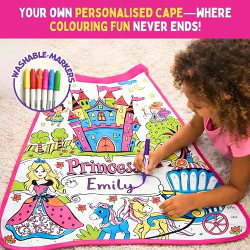 Image of PepPlay Princess Cape Coloring Kit - Personalised Pink Cotton Cape, Magical Unicorns & Fairies | Crown + 6 Washable Fabric Markers | Reusable Pretend /Role Play Birthday Return Gift for Girls Age 3-7