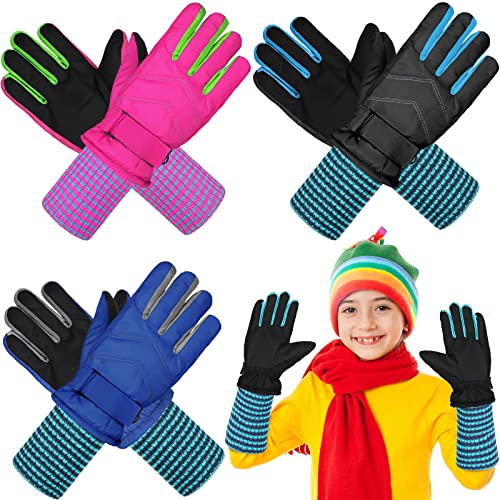 Newcotte 3 Pairs Kids Waterproof Winter Gloves Long Cuff Ski Snow Gloves Children Warm Mittens Gloves For Boy Girl Outdoor cover