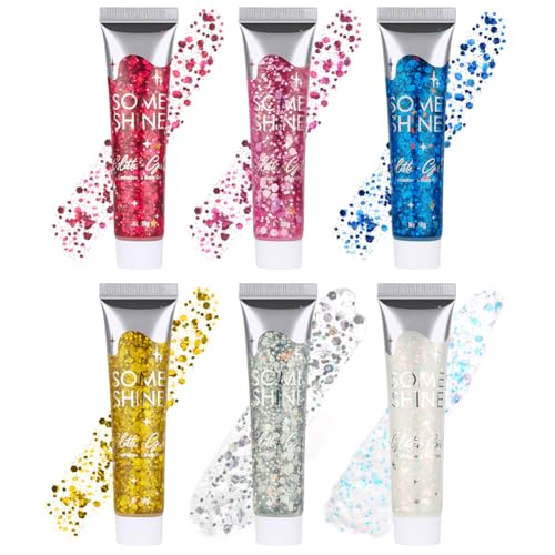 AYBUY 6 purpurpurinas rosto gel, 18 g festival gel púrpura líquido corporal, gel Chunky Glitter corporal para carnaval, festival, máscara e maquilhagem de festa (azul rosa + prata branco + dourado +