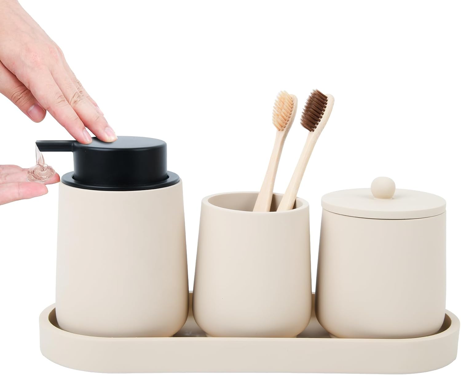 Black Bathroom Accessories Set - 4 Pcs Bathroom Accessory Sets with Toothbrush Holder,Lotion Soap Dispenser,Qtip Holder Dispensr & Vanity Tray,Bathroom Countertop Vanity Oganizer - Matte Black