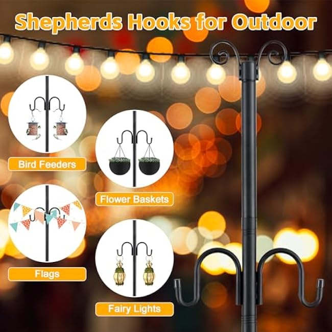 String Light Poles for Outside, 10FT Heavy Duty Outdoor String Light Pole Stand with Shepherd Hooks for Wood Deck Concrete Patio Garden Backyard Wedding Party Bird Feeder Lanterns Flower Basket 1PC