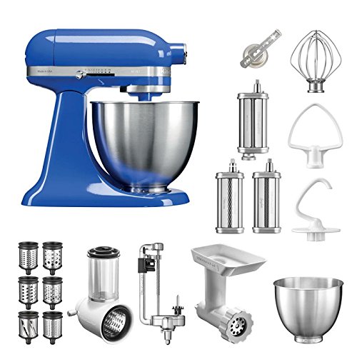Preisvergleich Produktbild KitchenAid Küchenmaschine Mini, 5KSM3311XE, Bestseller Paket inkl. TOP Zubehör: Gemüseschneider, Fleischwolf, Spiralschneider, Nudelvorsatz, Spritzgebäckvorsatz und Standardzubehör (Twilight Blue)