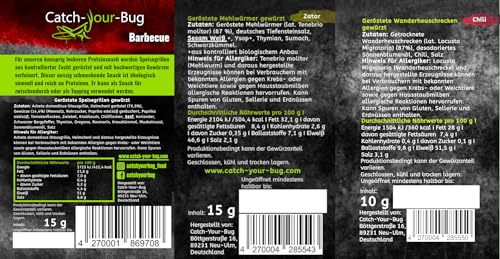 Insekten zum Essen 3er-Pack verzehrfertig von Catch-Your-Bug, gewürzte Heuschrecken, Mehlwürmer & Grillen, essbare Insekten für Menschen 40g, High Protein Snack mit über 40% Protein