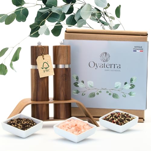 OYATERRA® - Set de moulin à poivre et sel manuel en bois d'acacia, certifié FSC® - ustensile de cuisine en bois durable et sans plastique livré dans sa...