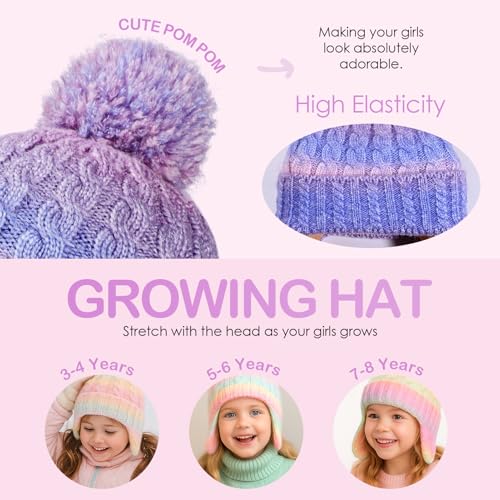 Girls Winter Beanies with Earflap,Kids Warm Rainbow Pom Pom Twisted Knit Hat Skull Cap Age 3-82