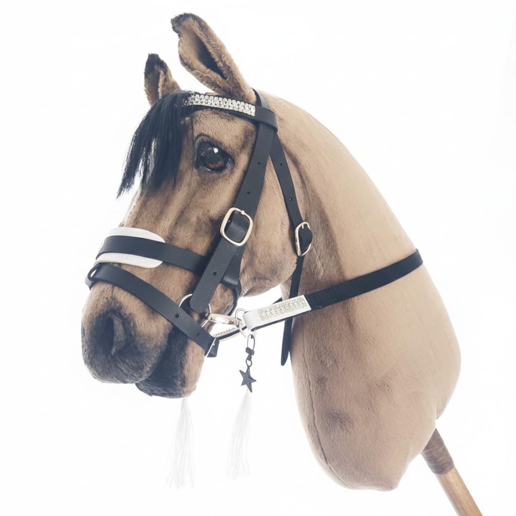 Generisch Hobby Horse Zubehör, ohne Pferd, nur Trense Schwarz, Weiß Unterlegt mit Sperriemen inkl. Zügel, Hobbyhorsing, Zubehör für Steckenpferd, Spielpferd