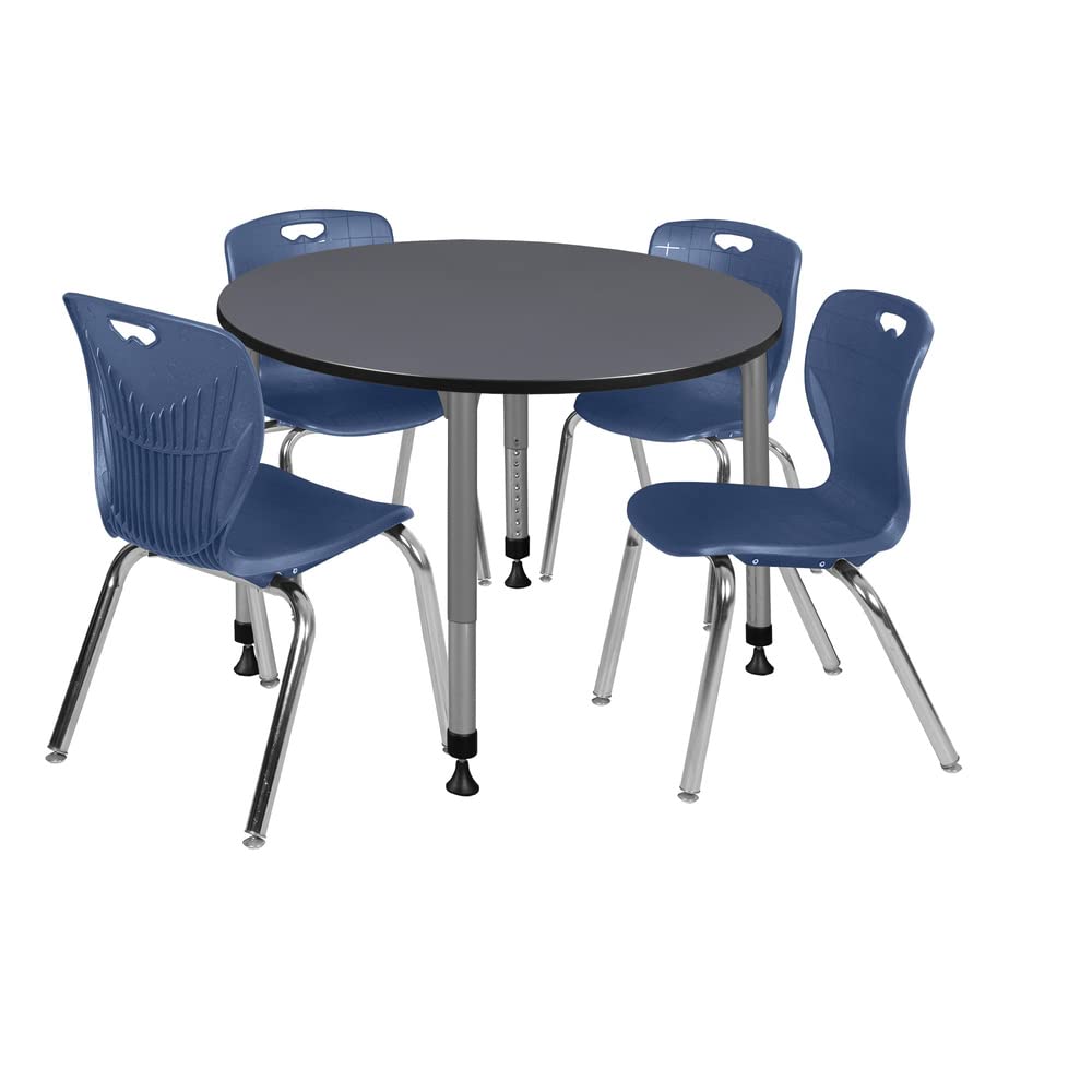Romig Kee Round Classroom Activity Table & Chairs Height adjustable1, 48 x 48, Chrome|Grey|Navy Blue