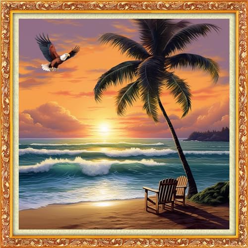 Image of Funxvoot Stamped Cross Stitch Kits Beginners Full Range of Embroidery Kits for Adults 11CT Embroidery Patterns Needlepoint Kits Printed Cross Stitch Kits-Coconut Trees Seaside 18x18 inch