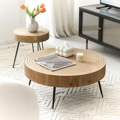 Zouron Round Pine Coffee Table, Set of 2 (80 x 80 x 36.5 cm + 40 ...