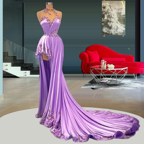 Keting Purple Crystals Satin Mermaid Halter Neck Prom Party Evening Dress Shower Celebrity Pageant Gown2