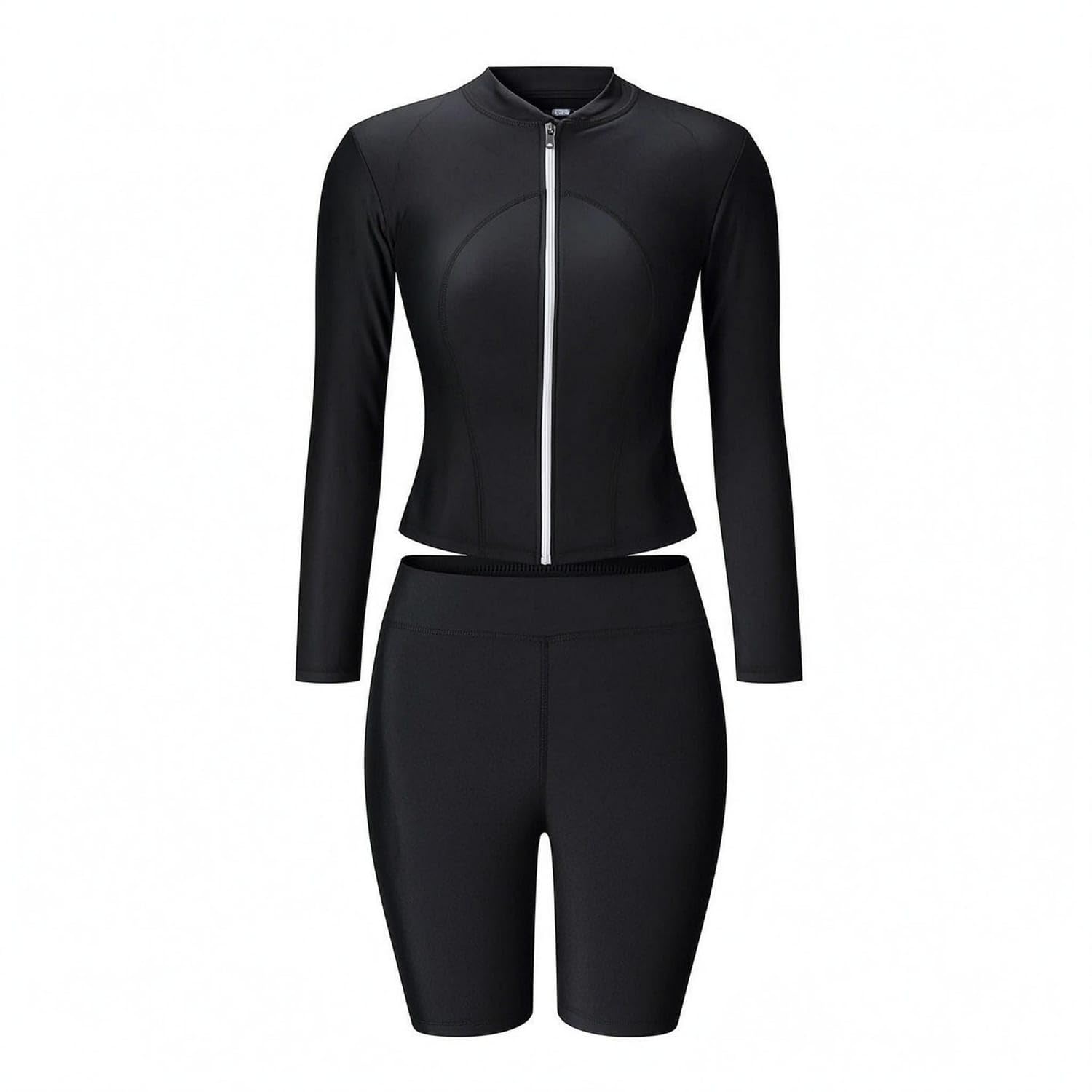 Bnf Black Zip-Front Swim Set Split Design Long Sleeve Rash Guard Swimsuit Athletic Cut Swim Shorts Set Minimal for Women, Swimming, Snorkeling, Surfing, 2XL-image-10