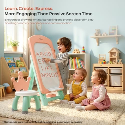 Image of R for Rabbit Little Genius Doodle Duo for Kids Whiteboard with Chair Set | 7-Level Adjustable Height Study Table for 3-7 Years | Foldable & Space Saving | Desk for Learning & Drawing (Peach Green)
