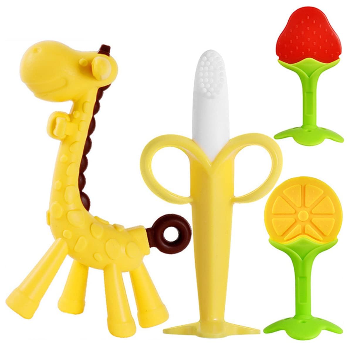 ECVV 4 Pack Baby Teething Toys Set Silicone Fruit Shape Giraffe Baby Teethers BPA Free Soothe Babies Gums for Babies Infants Toddlers Boys & Girls