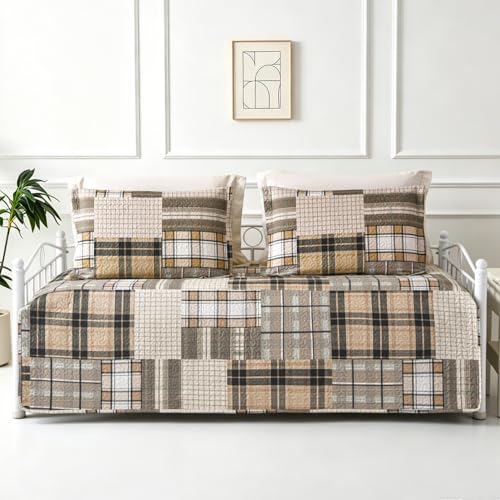 Image of Jarson 3 Pcs Plaid Daybed Cover Set Twin Size Brown Beige Sofa Cover Double Side Bed Set Classic Patchwork Bedding Sets Daybed Quilt Set with Pillow Shams